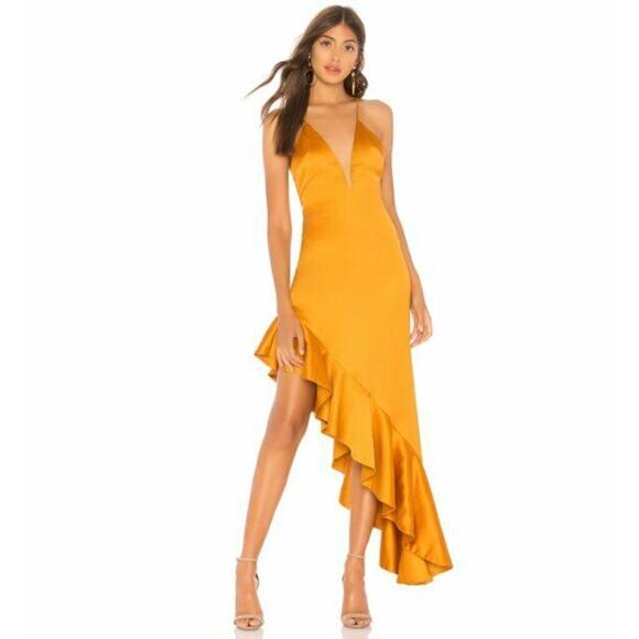 $198 NBD Sunset Golden Yellow That Love Satin Asymmetric Ruffle Gown XS NWT - Picture 1 of 11